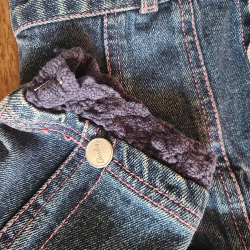 Barbie Kids Denim Jacket Pink Stitch Floral‎ Embroidery Size 4